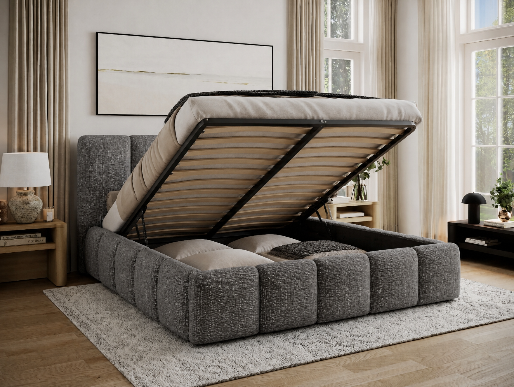 Lit coffre Fuji – design matelassé et rangement intégré