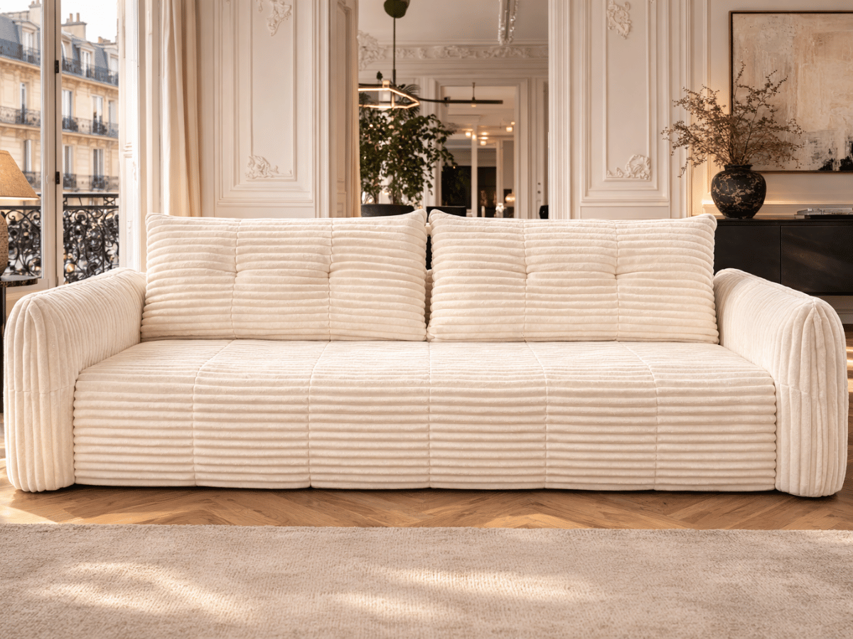 Canapé 3/4 places en velours côtelé épais – Confort haute densité 35 kg – Beige – MILO