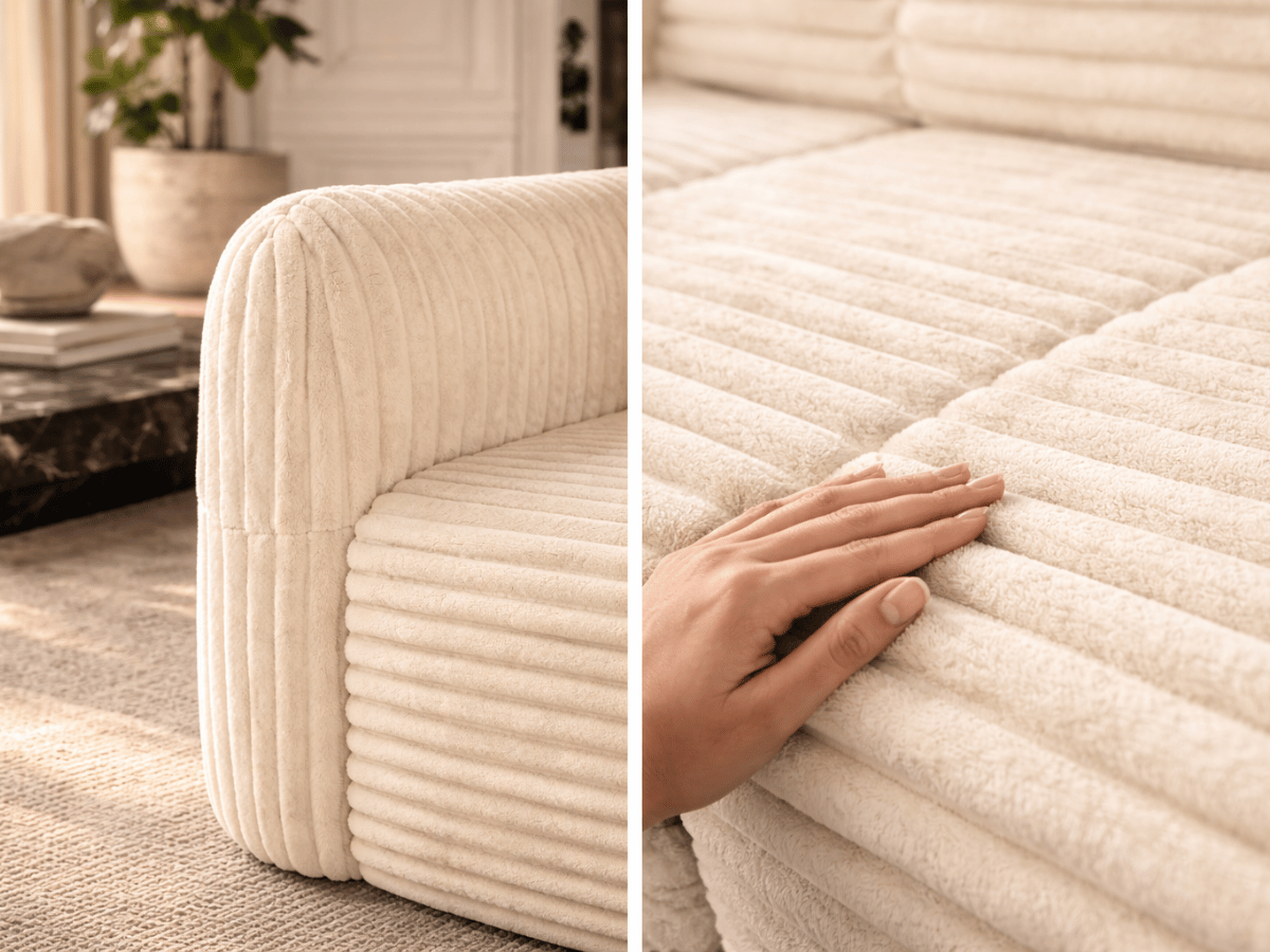 Canapé 3/4 places en velours côtelé épais – Confort haute densité 35 kg – Beige – MILO