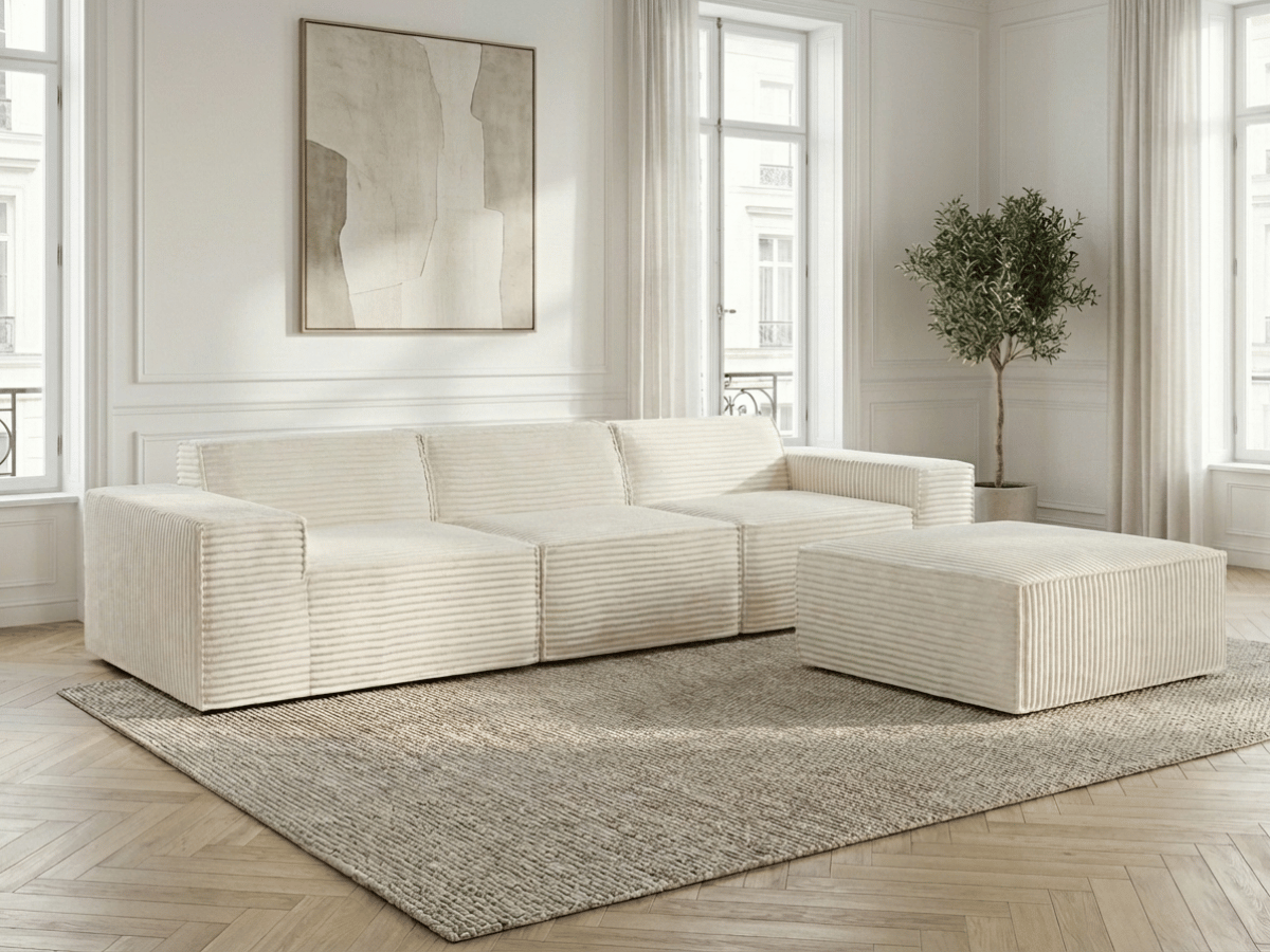 Canapé Villiers – Canapé d’angle modulable 3 places avec pouf – Velours côtelé épais