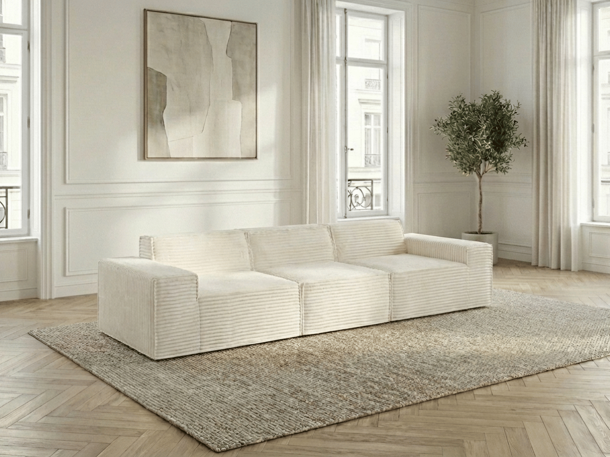 Canapé Villiers – Canapé d’angle modulable 3 places avec pouf – Velours côtelé épais