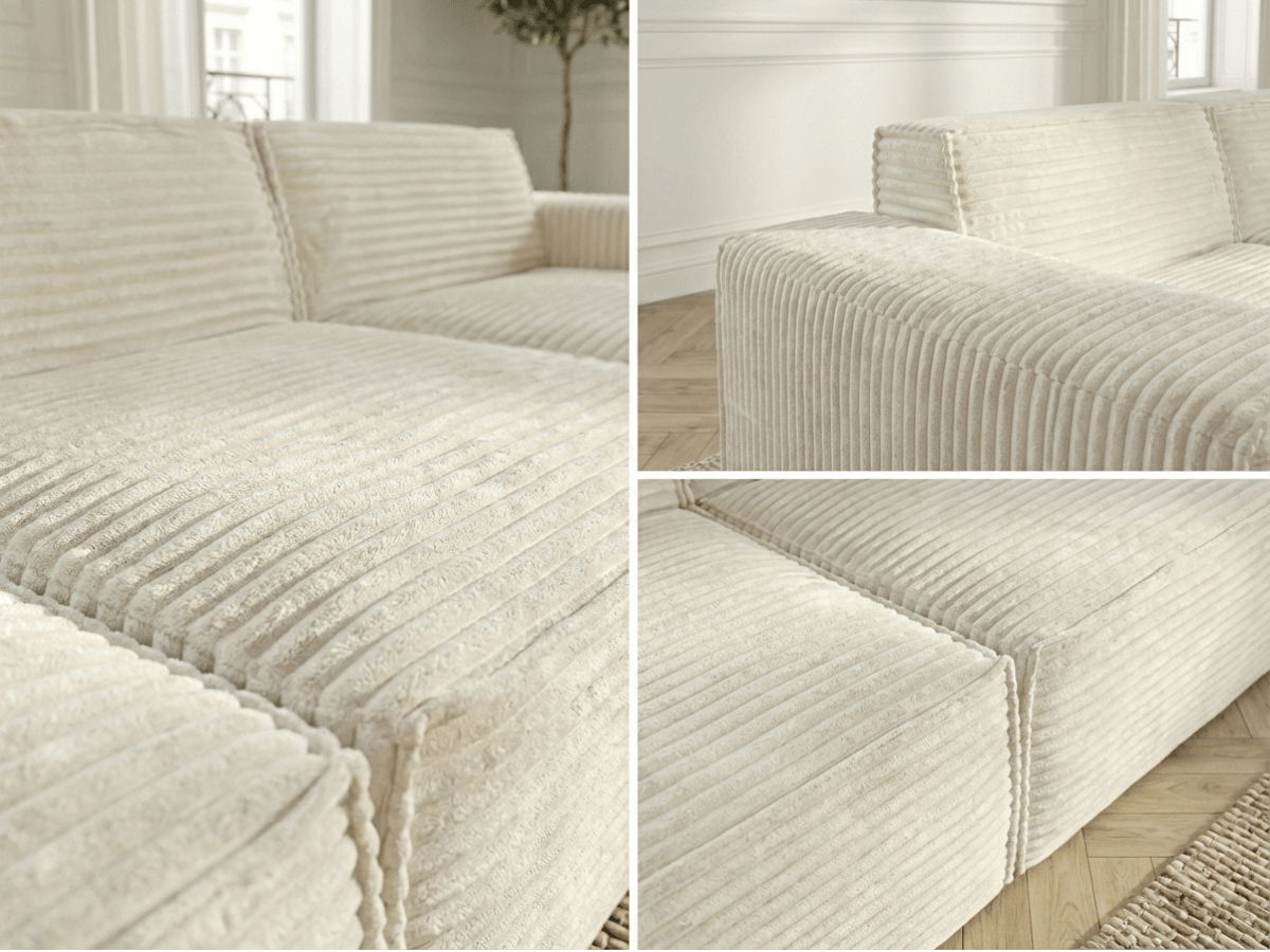 Canapé Villiers – Canapé d’angle modulable 3 places avec pouf – Velours côtelé épais