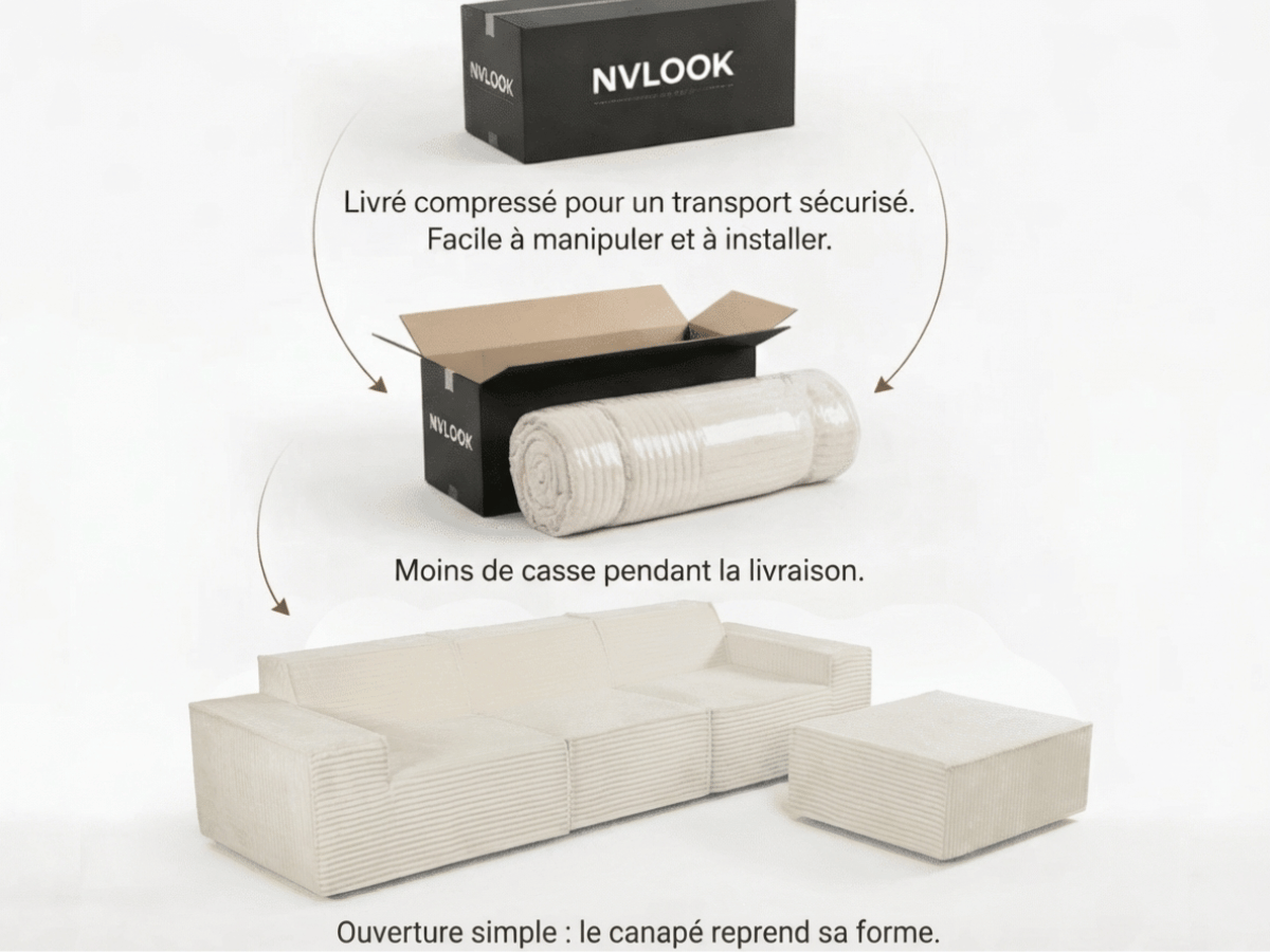 Canapé Villiers – Canapé d’angle modulable 3 places avec pouf – Velours côtelé épais
