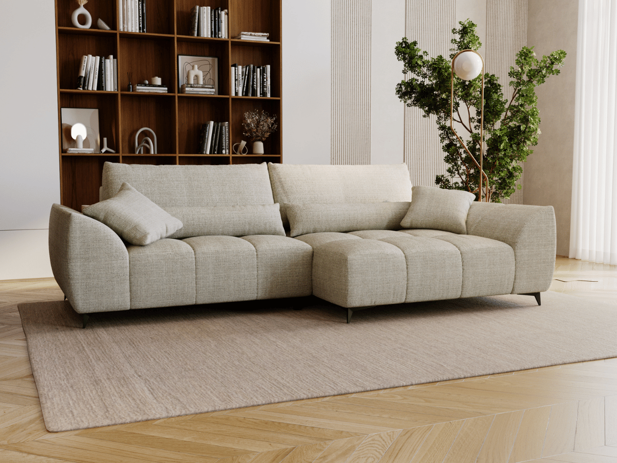 Canapé d’angle Lara – Convertible avec grande méridienne, coffre intégré