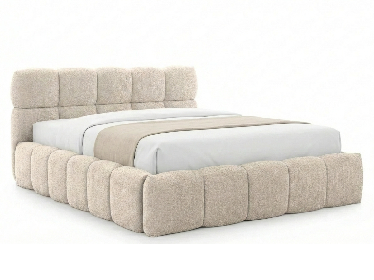 Lit coffre MONCEAU – Tête de lit capitonnée design en velours ou bouclette – Coffre de rangement intégré