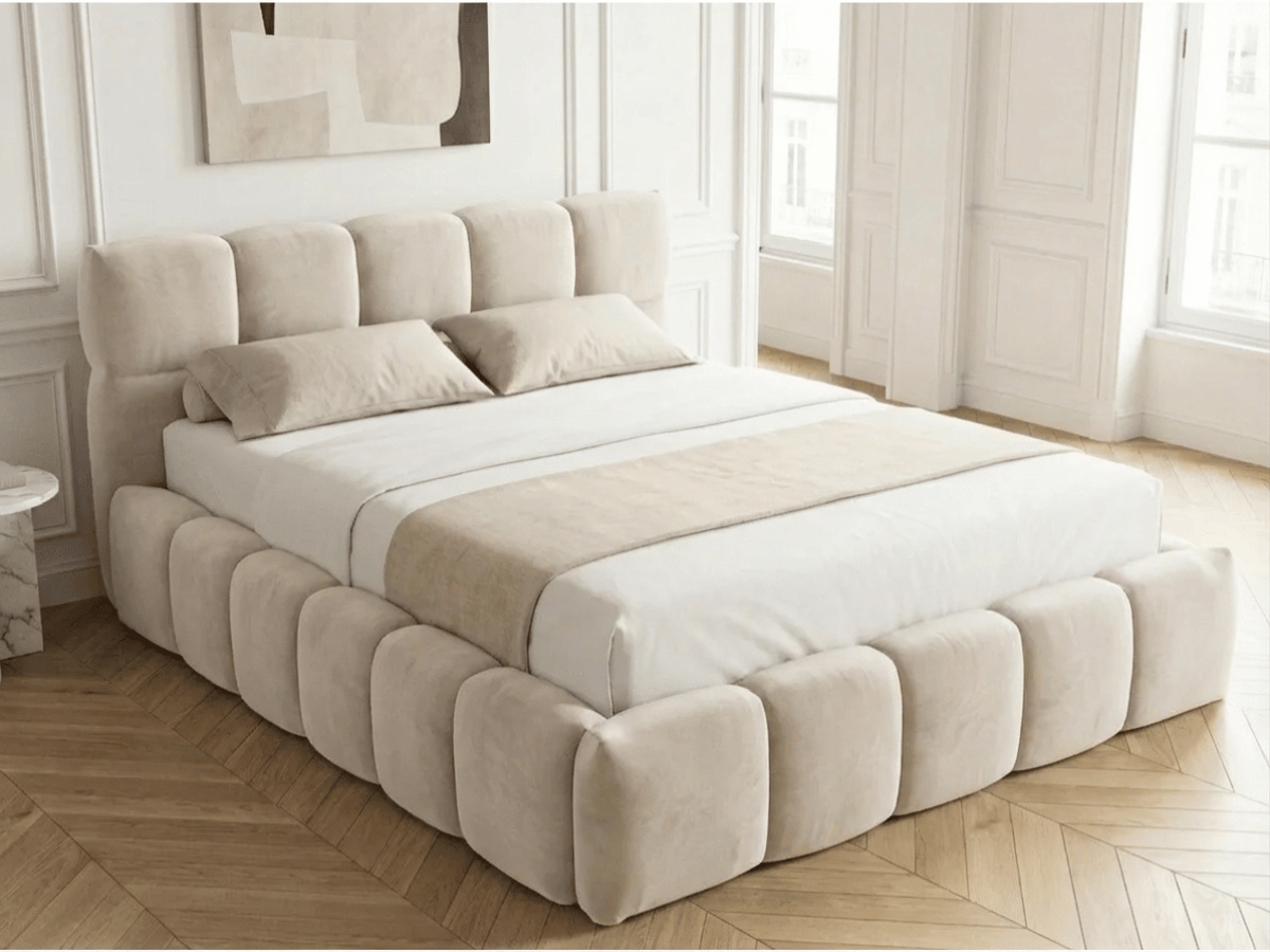 Lit coffre MONCEAU – Tête de lit capitonnée design en velours ou bouclette – Coffre de rangement intégré