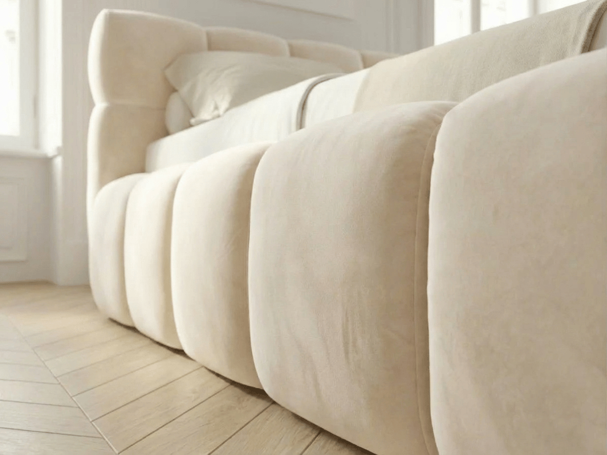 Lit coffre MONCEAU – Tête de lit capitonnée design en velours ou bouclette – Coffre de rangement intégré
