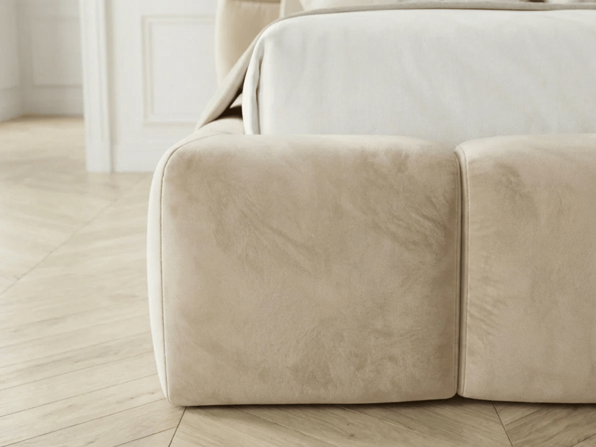 Lit coffre MONCEAU – Tête de lit capitonnée design en velours ou bouclette – Coffre de rangement intégré