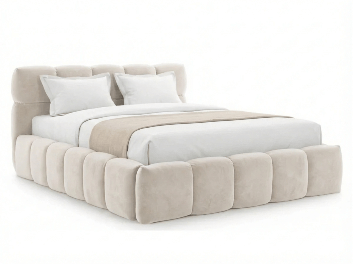 Lit coffre MONCEAU – Tête de lit capitonnée design en velours ou bouclette – Coffre de rangement intégré