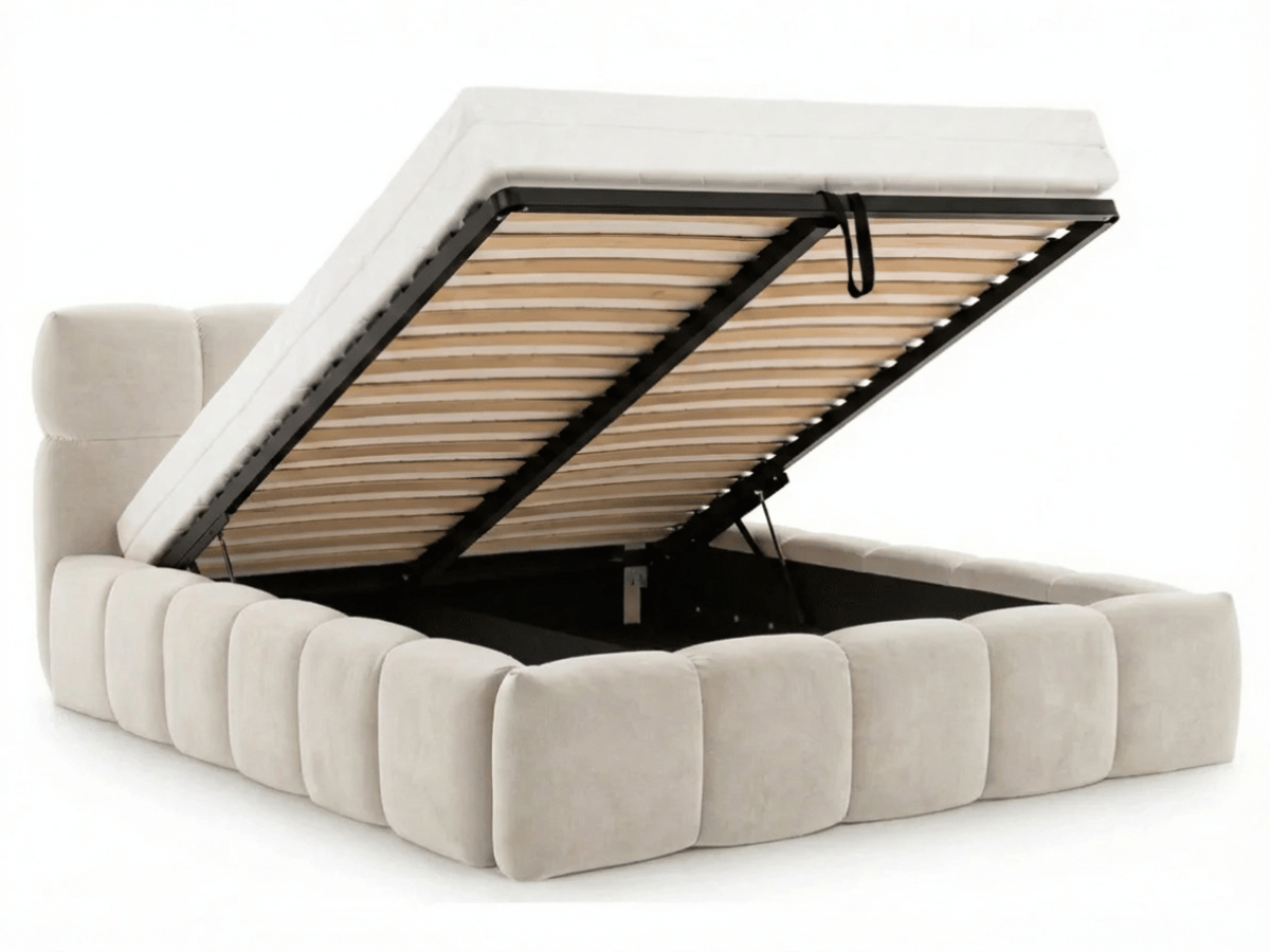 Lit coffre MONCEAU – Tête de lit capitonnée design en velours ou bouclette – Coffre de rangement intégré