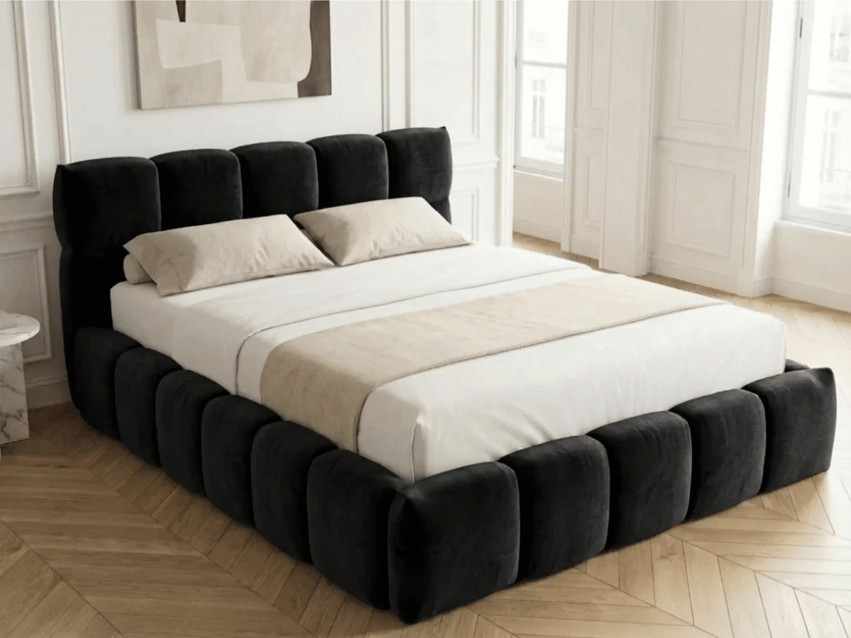 Lit coffre MONCEAU – Tête de lit capitonnée design en velours ou bouclette – Coffre de rangement intégré