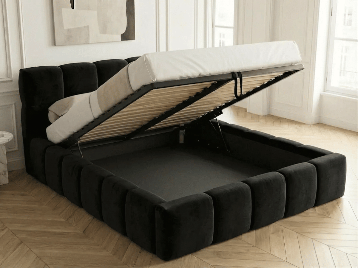 Lit coffre MONCEAU – Tête de lit capitonnée design en velours ou bouclette – Coffre de rangement intégré