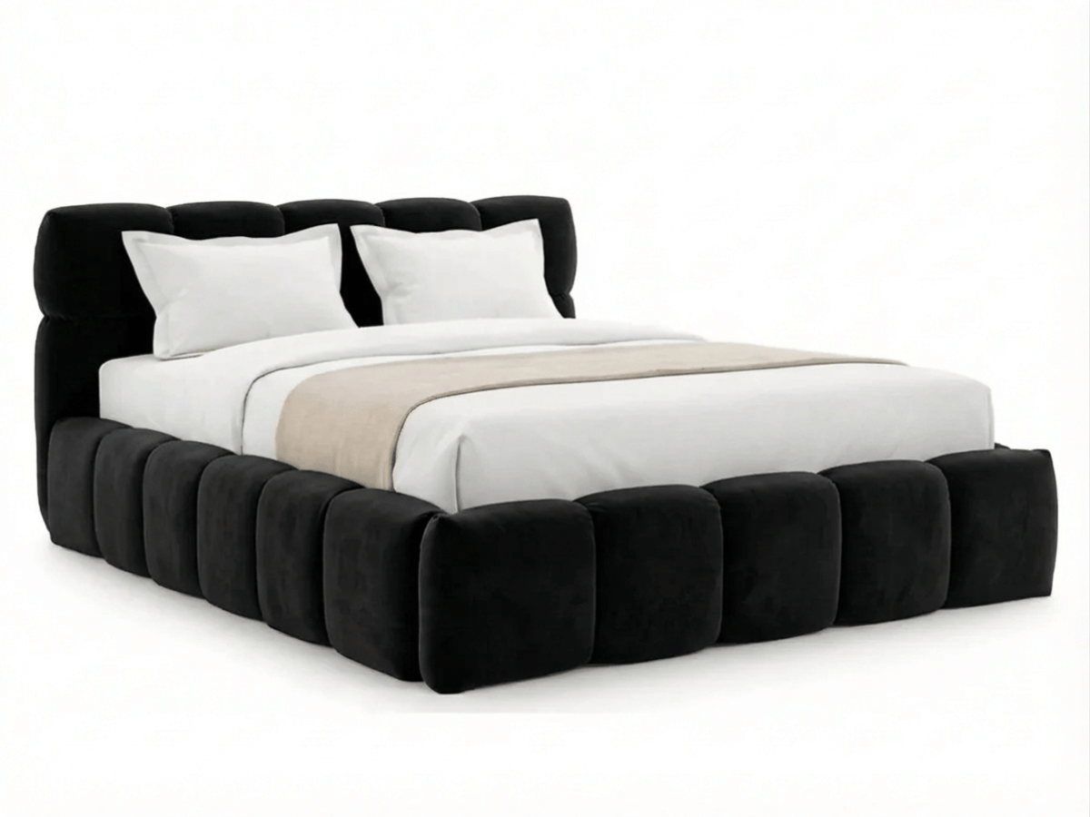Lit coffre MONCEAU – Tête de lit capitonnée design en velours ou bouclette – Coffre de rangement intégré