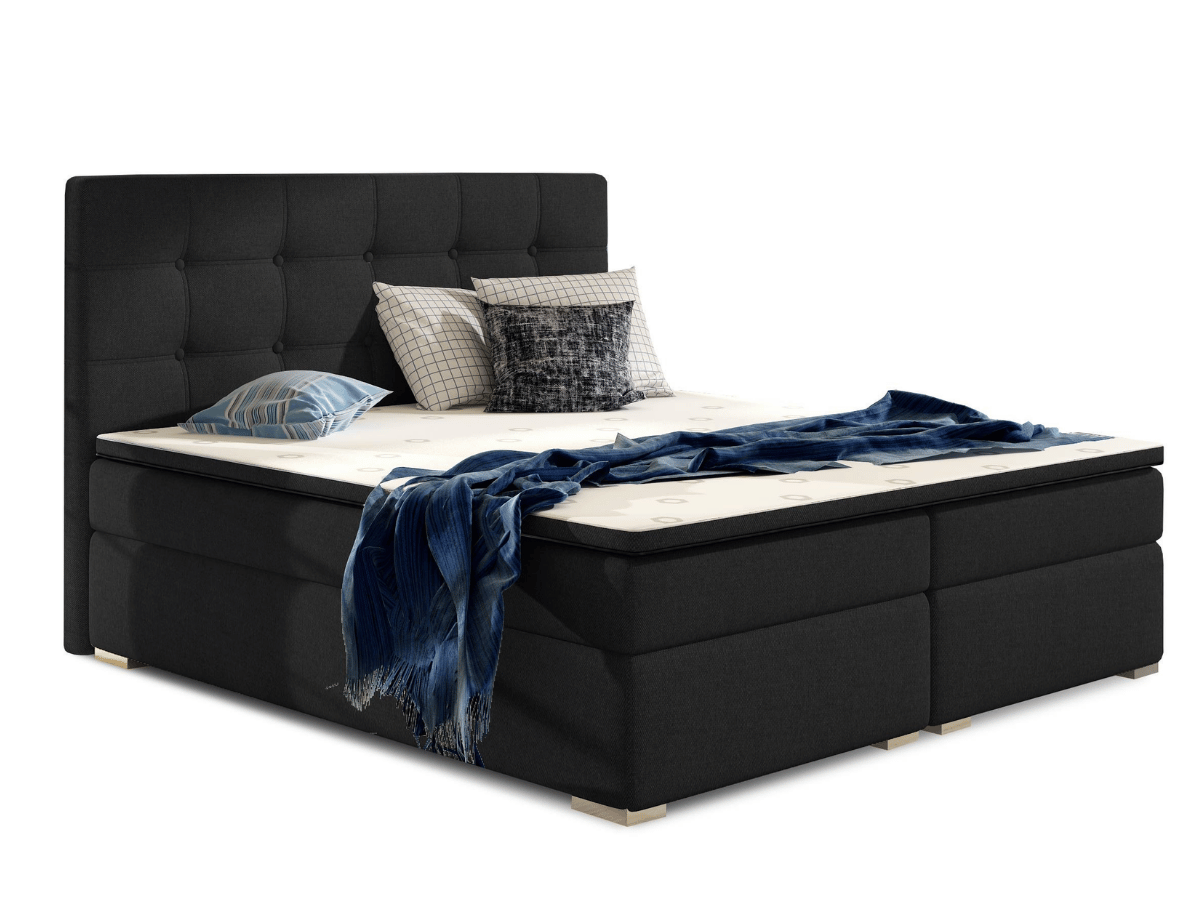 Lit boxspring complet tête de lit + sommiers + matelas + surmatelas Ines - 140x200 Tissu Noir