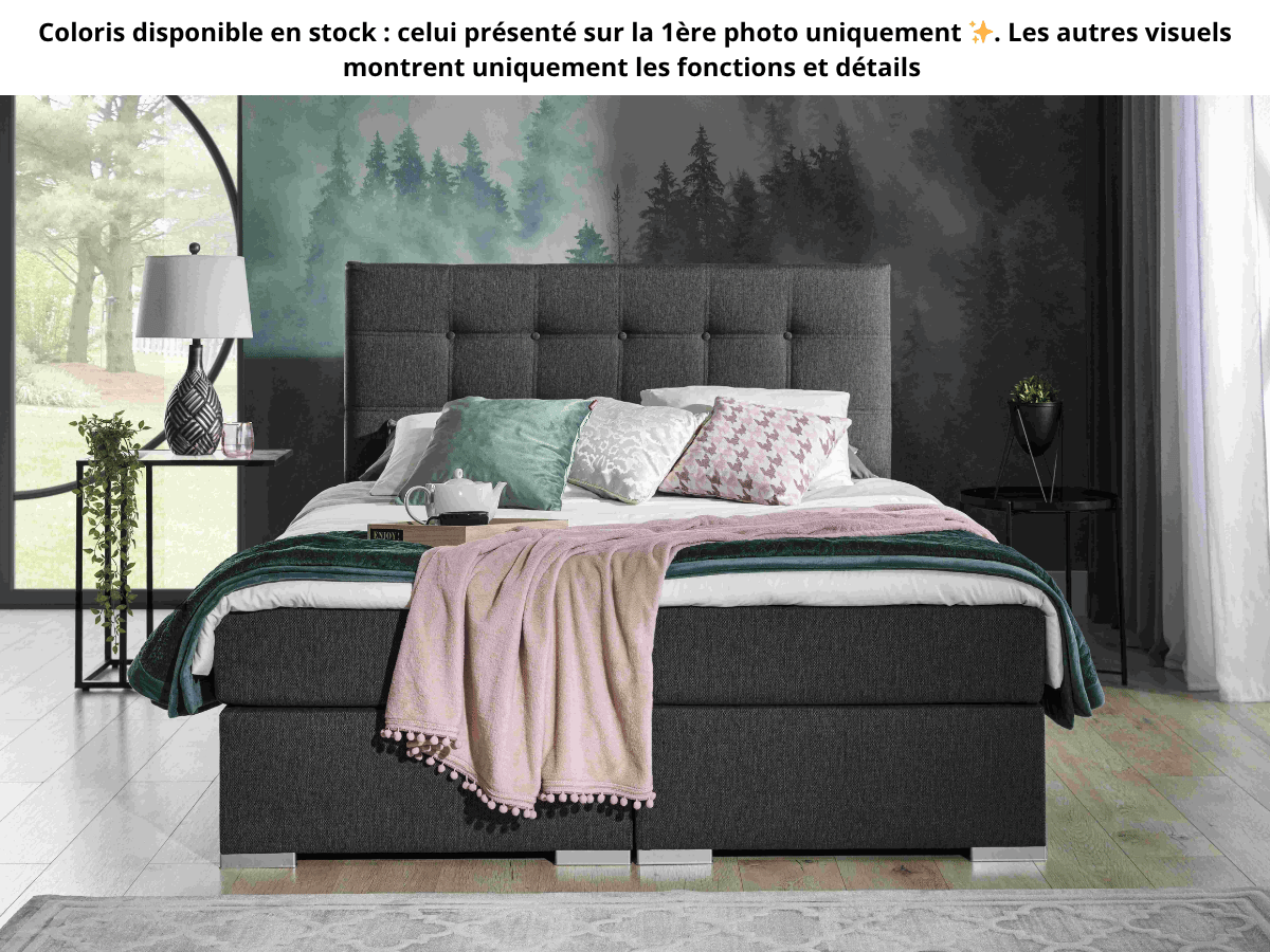 Lit boxspring complet tête de lit + sommiers + matelas + surmatelas Ines - 140x200 Tissu Noir