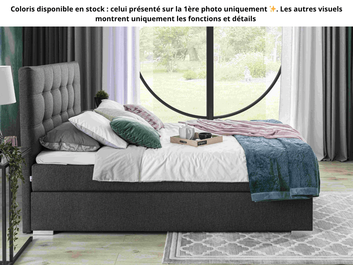 Lit boxspring complet tête de lit + sommiers + matelas + surmatelas Ines - 140x200 Tissu Noir
