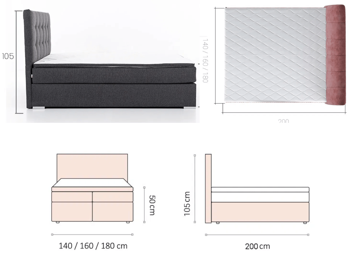 Lit boxspring complet tête de lit + sommiers + matelas + surmatelas Ines - 140x200 Tissu Noir