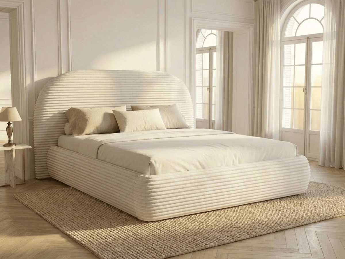 Lit coffre ALMA en velours côtelé grande épaisseur – Lit design arrondi avec rangement intégré – 160x200 ou 180x200