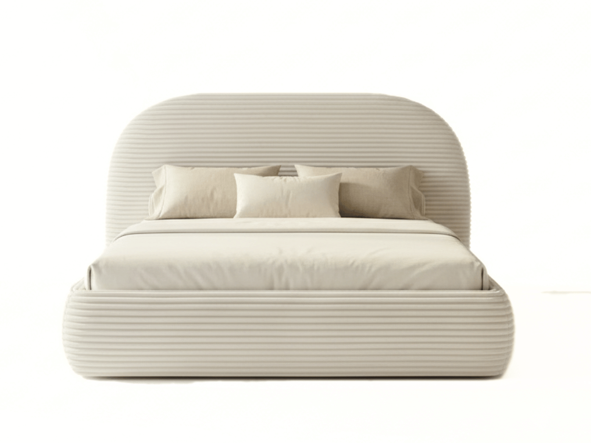 Lit coffre ALMA en velours côtelé grande épaisseur – Lit design arrondi avec rangement intégré – 160x200 ou 180x200