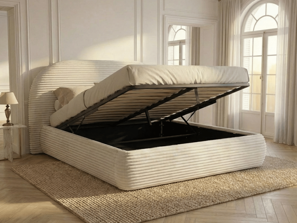 Lit coffre ALMA en velours côtelé grande épaisseur – Lit design arrondi avec rangement intégré – 160x200 ou 180x200