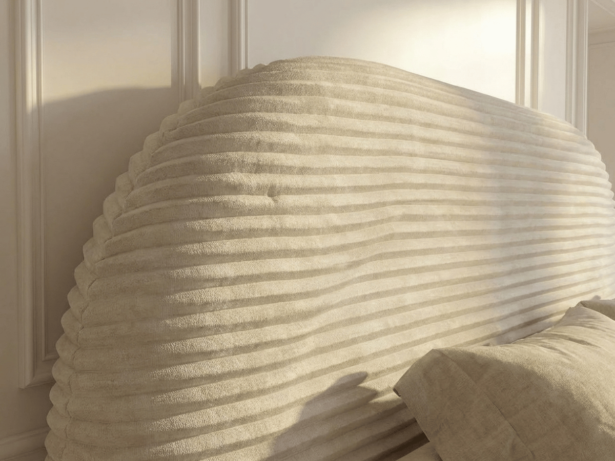 Lit coffre ALMA en velours côtelé grande épaisseur – Lit design arrondi avec rangement intégré – 160x200 ou 180x200