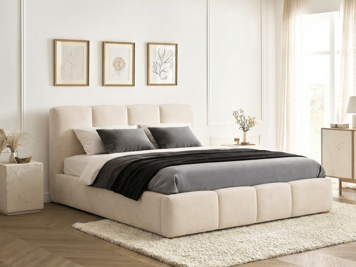 Lit coffre BUBBLE en velours – Lit double design avec rangement intégré et tête de lit épaisse rembourrée – Beige, Gris, Noir