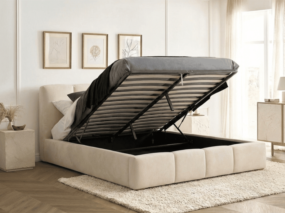 Lit coffre BUBBLE en velours – Lit double design avec rangement intégré et tête de lit épaisse rembourrée – Beige, Gris, Noir