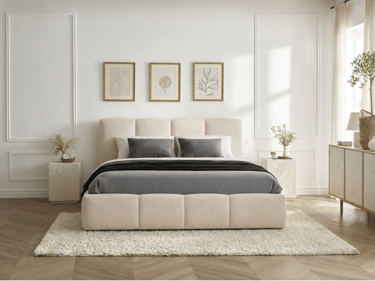 Lit coffre BUBBLE en velours – Lit double design avec rangement intégré et tête de lit épaisse rembourrée – Beige, Gris, Noir