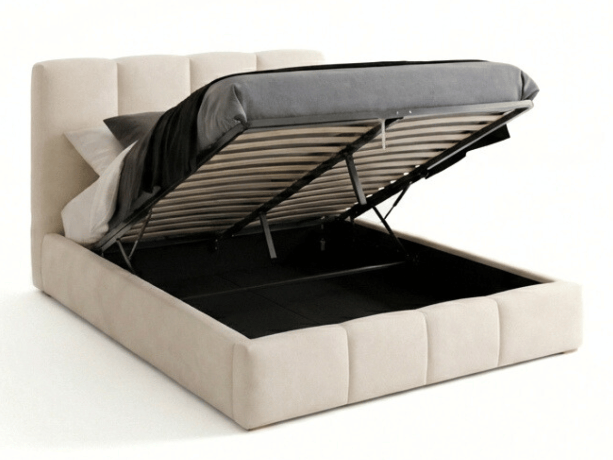 Lit coffre BUBBLE en velours – Lit double design avec rangement intégré et tête de lit épaisse rembourrée – Beige, Gris, Noir