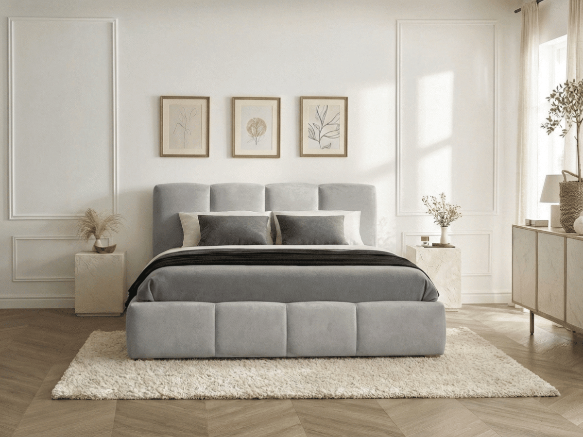 Lit coffre BUBBLE en velours – Lit double design avec rangement intégré et tête de lit épaisse rembourrée – Beige, Gris, Noir