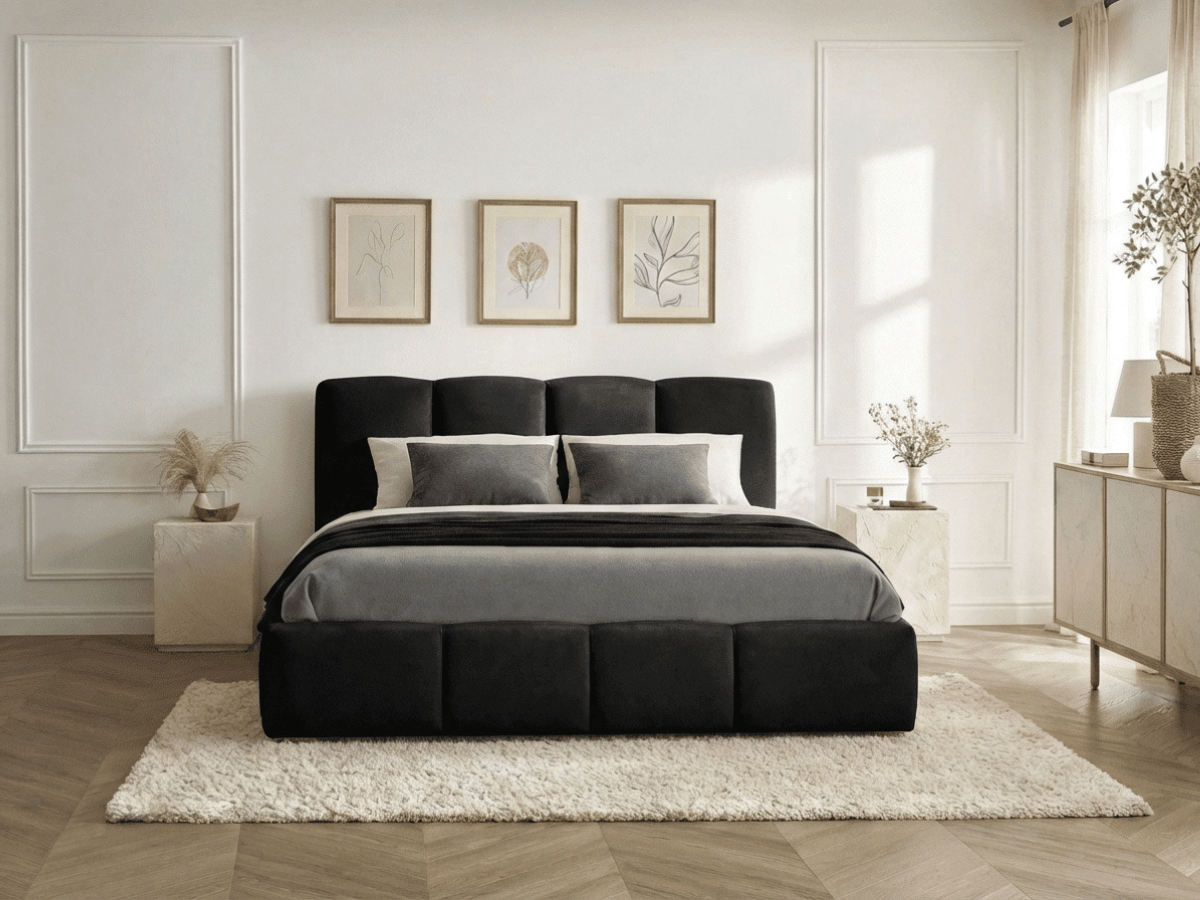 Lit coffre BUBBLE en velours – Lit double design avec rangement intégré et tête de lit épaisse rembourrée – Beige, Gris, Noir