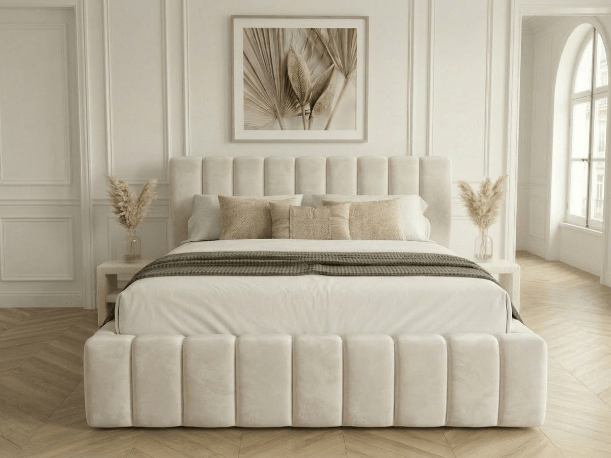 Lit coffre CAROLINE – Lit design rembourré avec rangement intégré, disponible en bouclé blanc, velours côtelé ou velours lisse