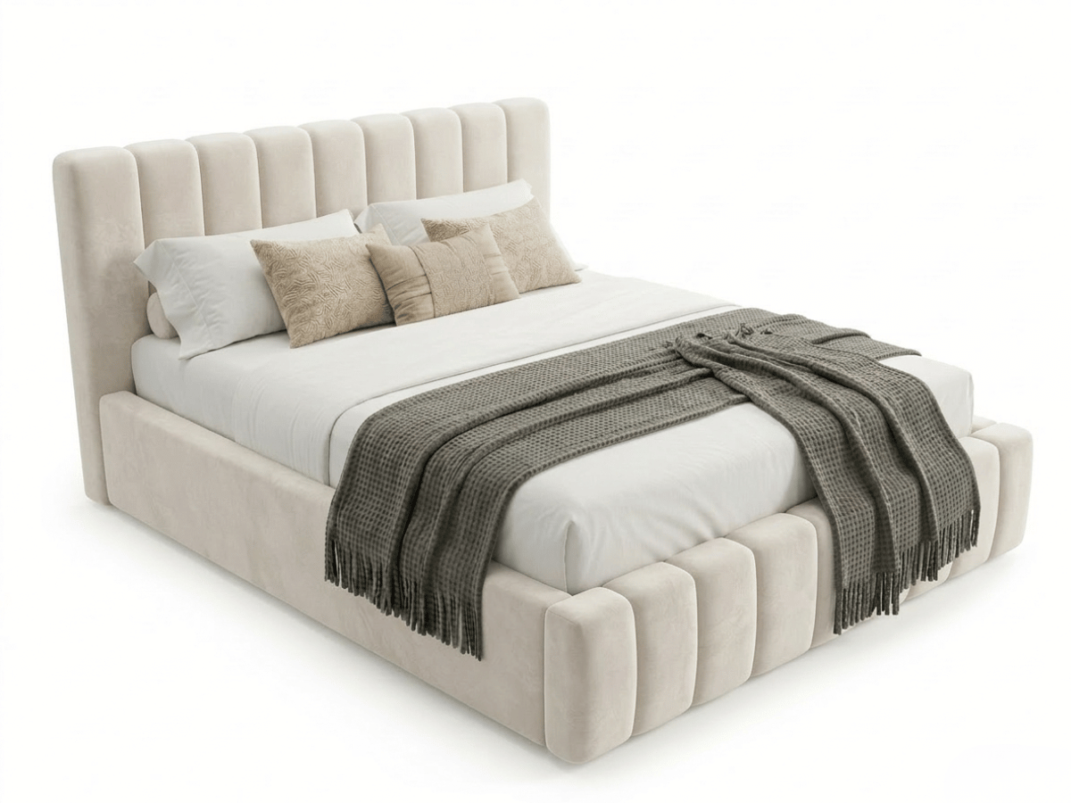 Lit coffre CAROLINE – Lit design rembourré avec rangement intégré, disponible en bouclé blanc, velours côtelé ou velours lisse