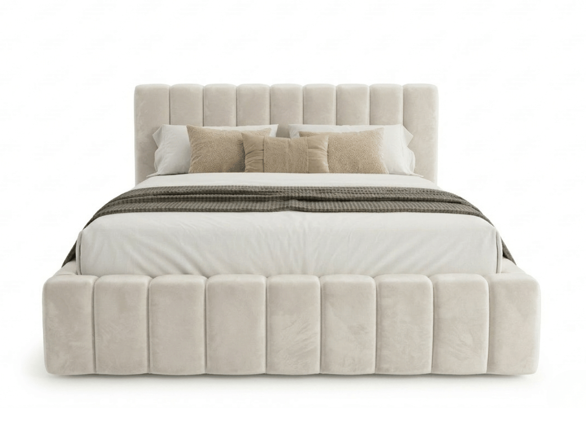 Lit coffre CAROLINE – Lit design rembourré avec rangement intégré, disponible en bouclé blanc, velours côtelé ou velours lisse