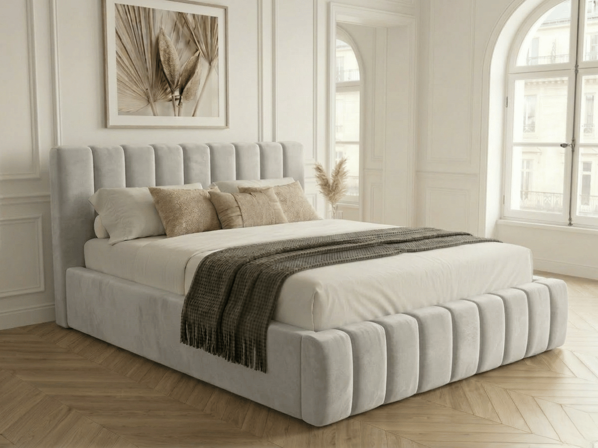 Lit coffre CAROLINE – Lit design rembourré avec rangement intégré, disponible en bouclé blanc, velours côtelé ou velours lisse