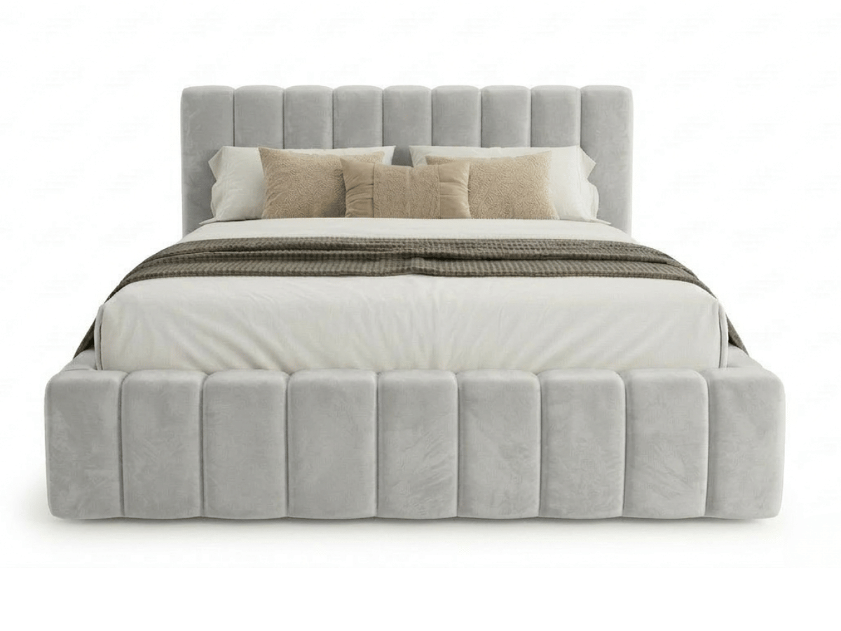 Lit coffre CAROLINE – Lit design rembourré avec rangement intégré, disponible en bouclé blanc, velours côtelé ou velours lisse