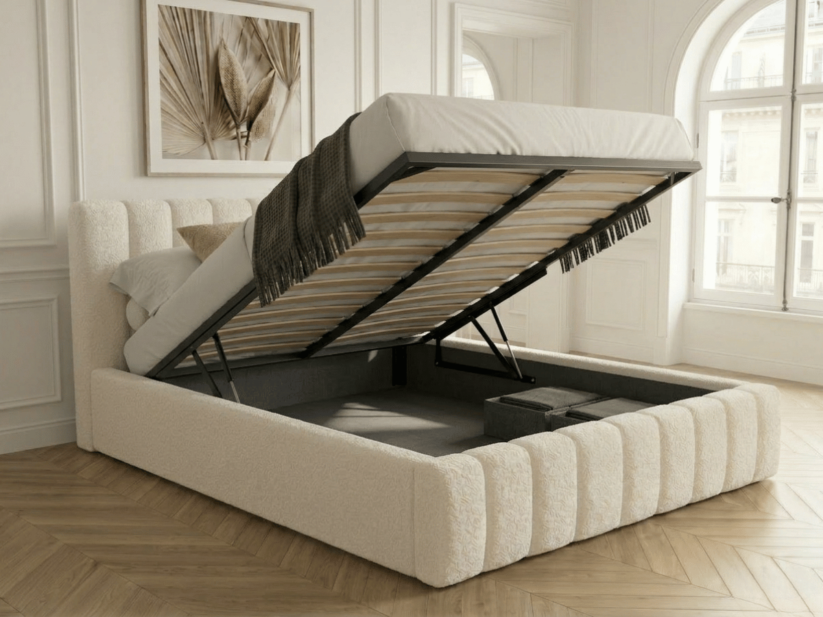 Lit coffre CAROLINE – Lit design rembourré avec rangement intégré, disponible en bouclé blanc, velours côtelé ou velours lisse
