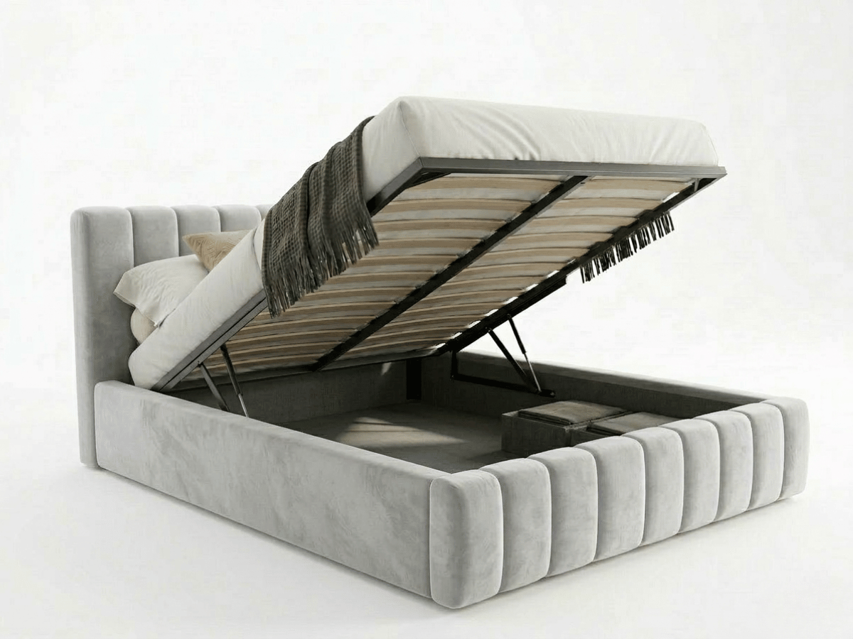 Lit coffre CAROLINE – Lit design rembourré avec rangement intégré, disponible en bouclé blanc, velours côtelé ou velours lisse