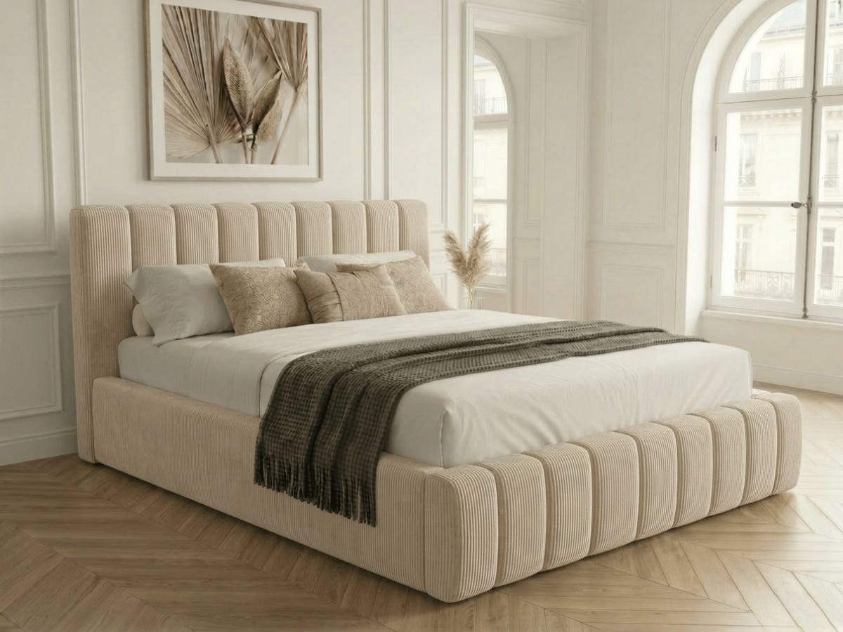 Lit coffre CAROLINE – Lit design rembourré avec rangement intégré, disponible en bouclé blanc, velours côtelé ou velours lisse