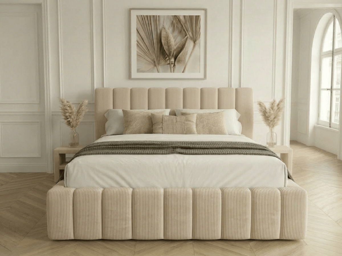 Lit coffre CAROLINE – Lit design rembourré avec rangement intégré, disponible en bouclé blanc, velours côtelé ou velours lisse