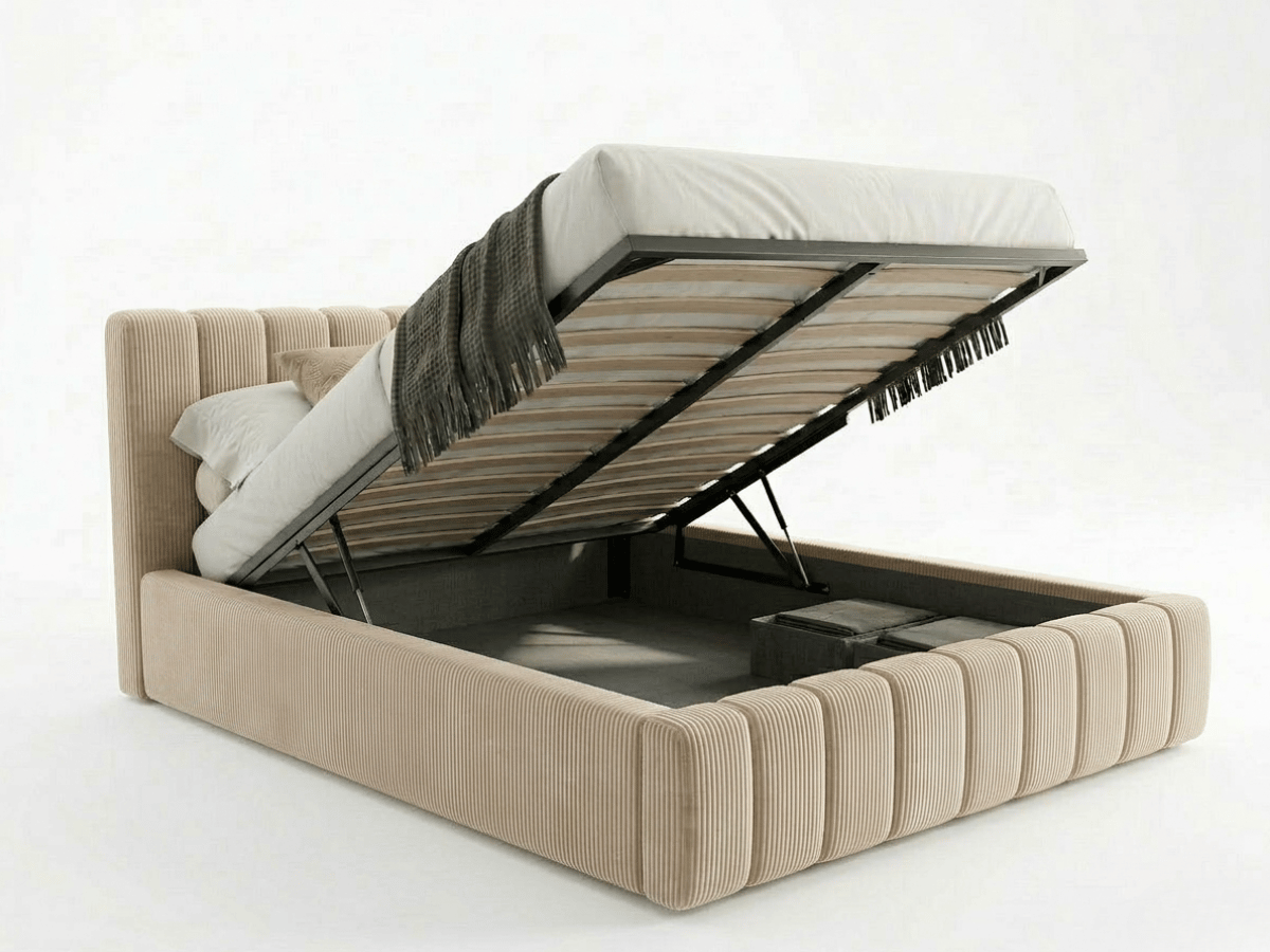 Lit coffre CAROLINE – Lit design rembourré avec rangement intégré, disponible en bouclé blanc, velours côtelé ou velours lisse