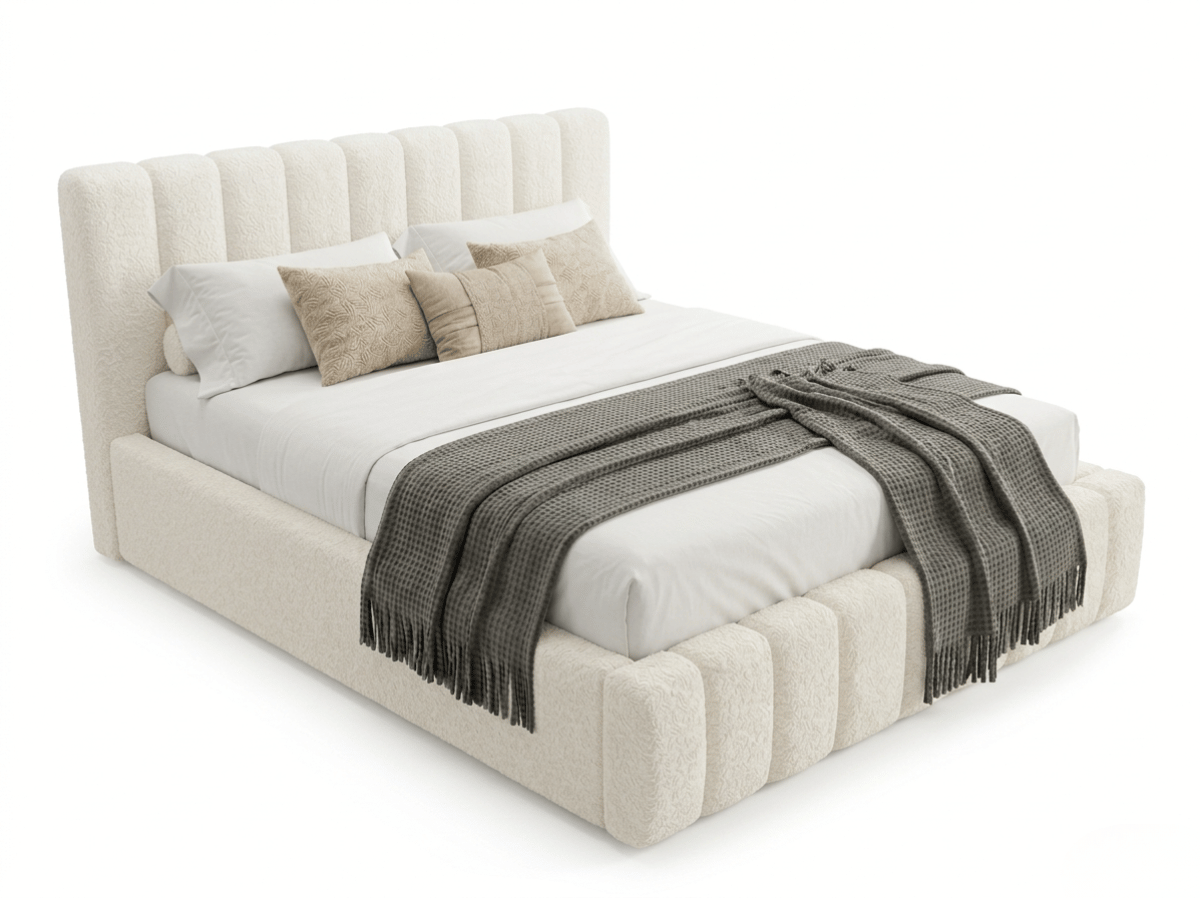 Lit coffre CAROLINE – Lit design rembourré avec rangement intégré, disponible en bouclé blanc, velours côtelé ou velours lisse