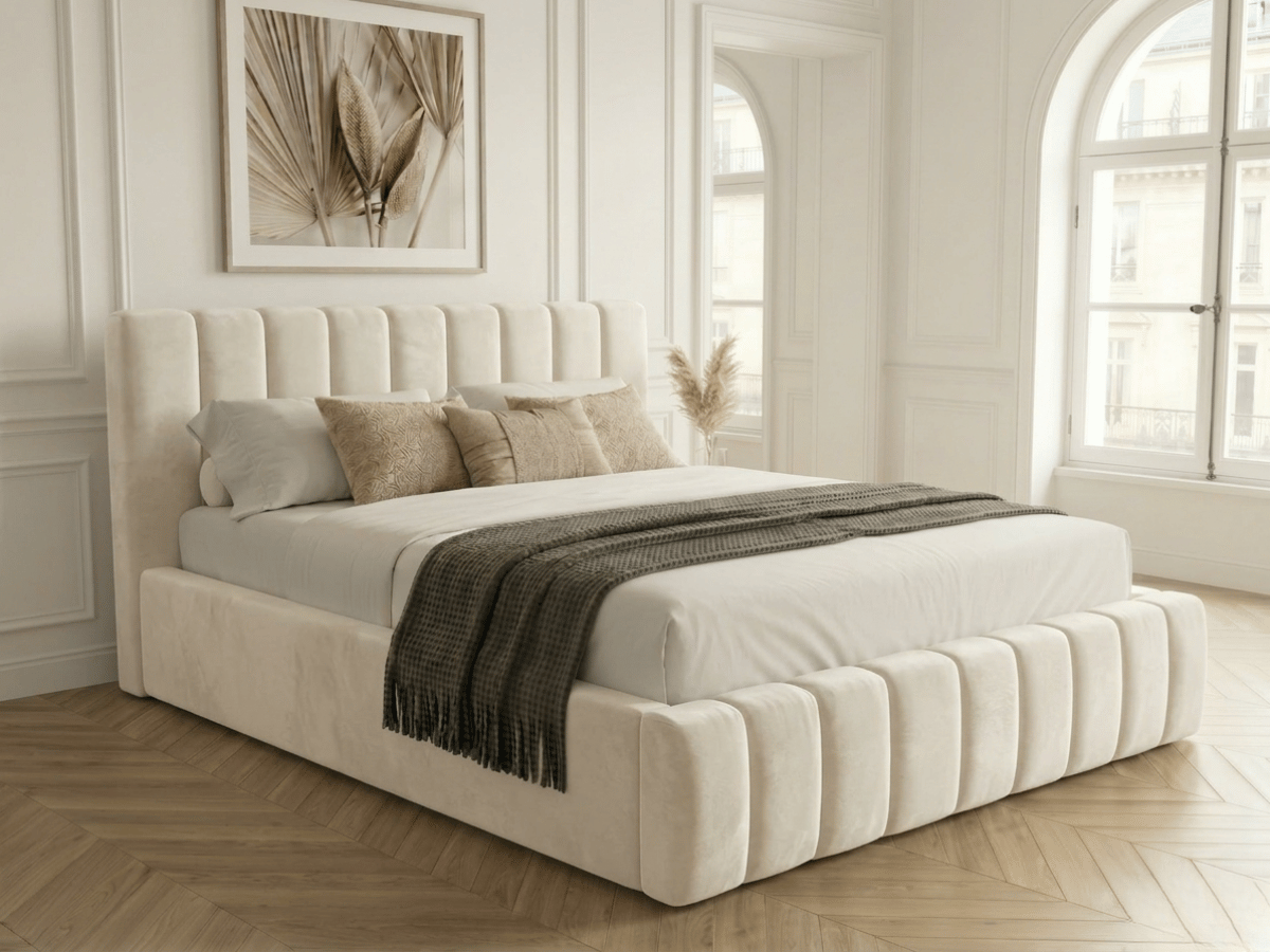 Lit coffre CAROLINE – Lit design rembourré avec rangement intégré, disponible en bouclé blanc, velours côtelé ou velours lisse