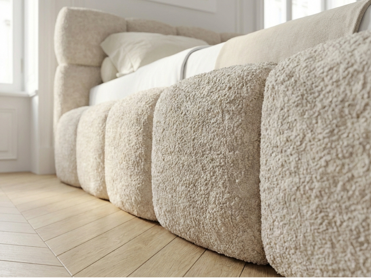 Lit coffre MONCEAU – Tête de lit capitonnée design en velours ou bouclette – Coffre de rangement intégré