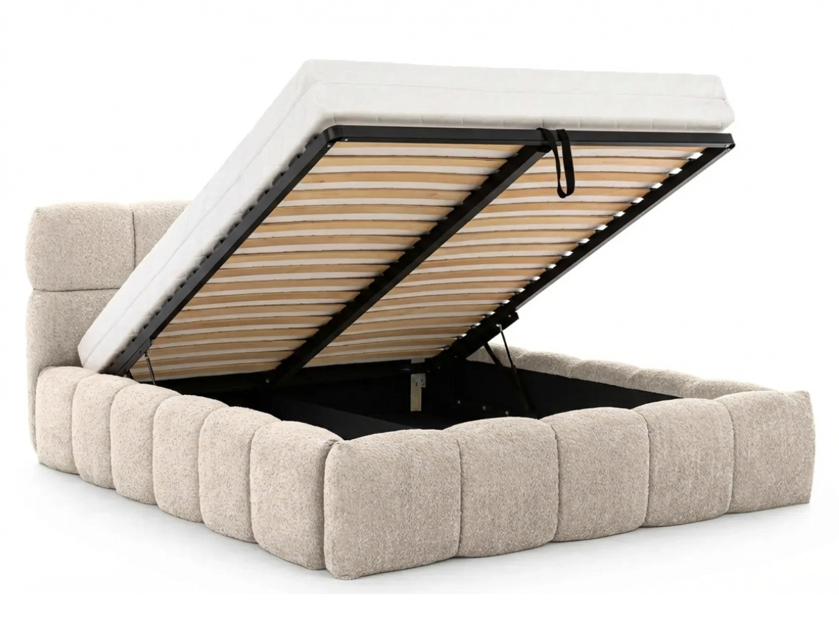 Lit coffre MONCEAU – Tête de lit capitonnée design en velours ou bouclette – Coffre de rangement intégré
