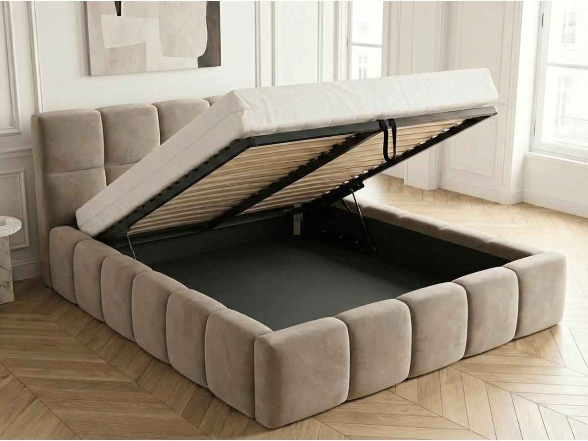 Lit coffre MONCEAU – Tête de lit capitonnée design en velours ou bouclette – Coffre de rangement intégré
