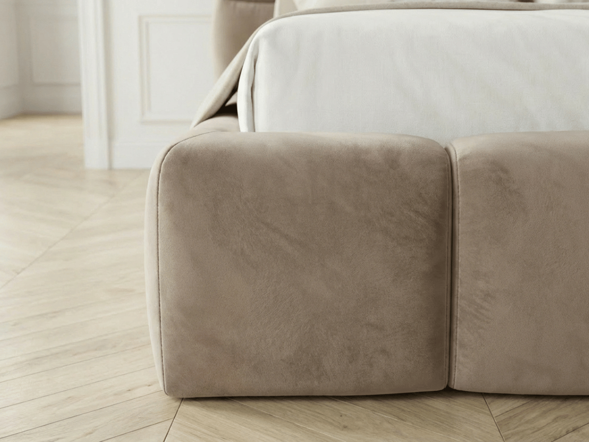 Lit coffre MONCEAU – Tête de lit capitonnée design en velours ou bouclette – Coffre de rangement intégré