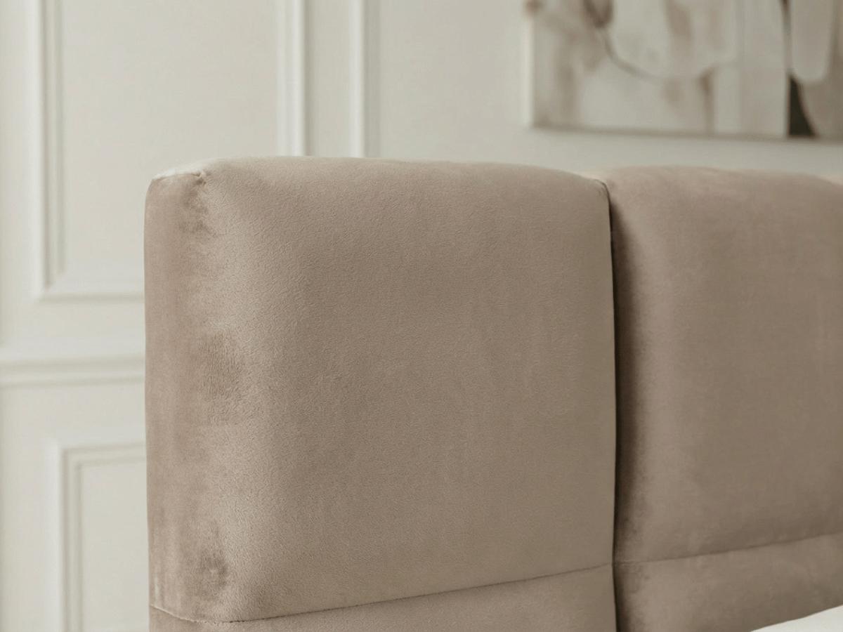 Lit coffre MONCEAU – Tête de lit capitonnée design en velours ou bouclette – Coffre de rangement intégré