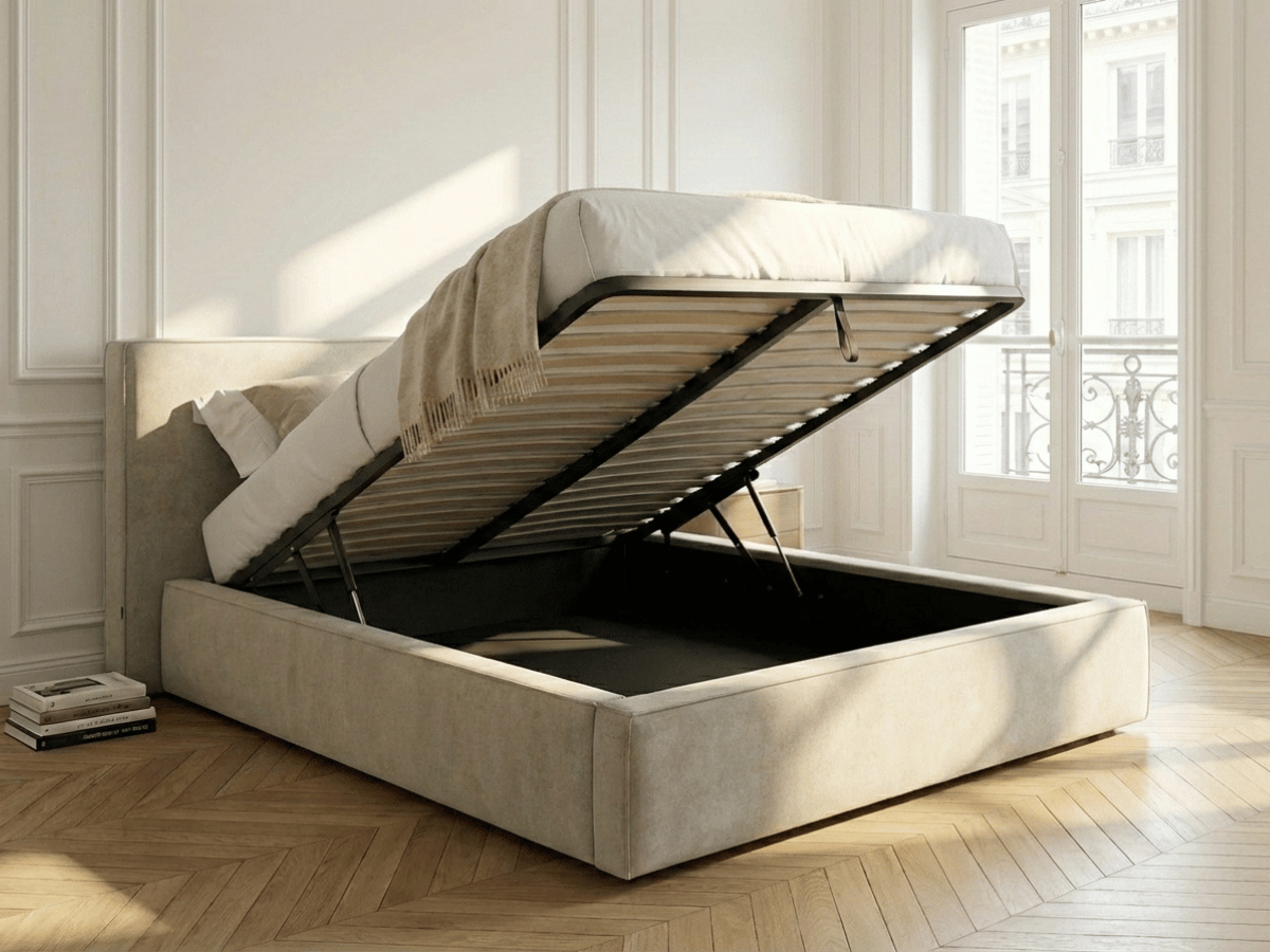 Lit coffre de rangement ALMA – Tissu beige élégant et tête de lit panoramique