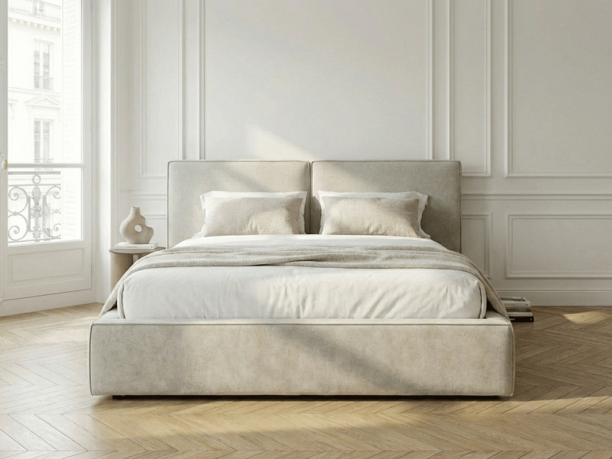 Lit coffre de rangement ALMA – Tissu beige élégant et tête de lit panoramique